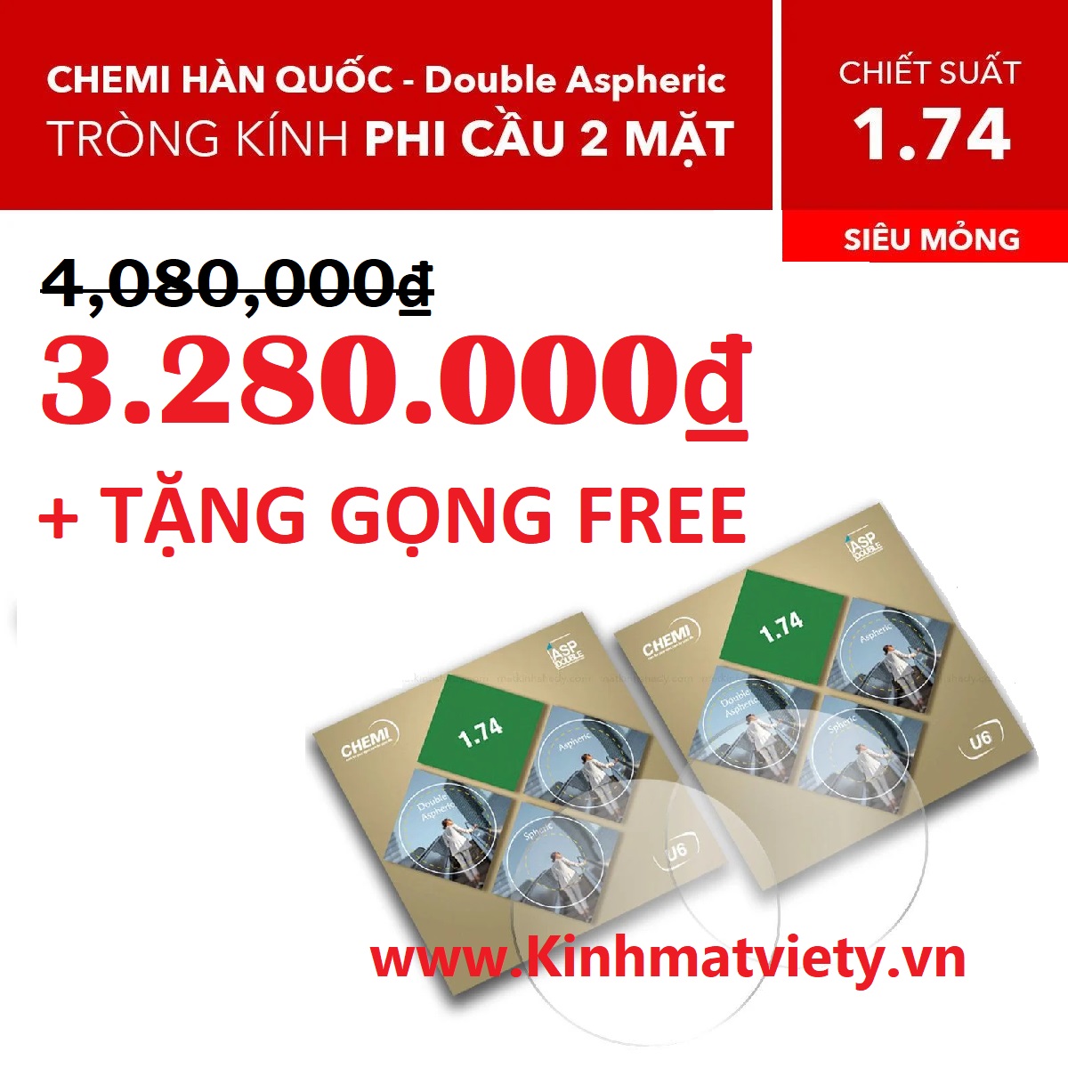 Tròng Kính Siêu Mỏng Ánh Sáng Xanh Phi Cầu 2 Mặt chiết xuất 1.74 Chemi Double Aspheric