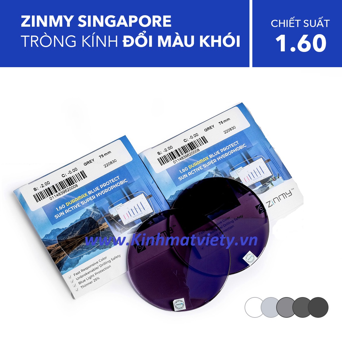 Tròng kính đổi màu ZINMY made in Singapore chiết xuất cao 1.60 màu Hổ Phách