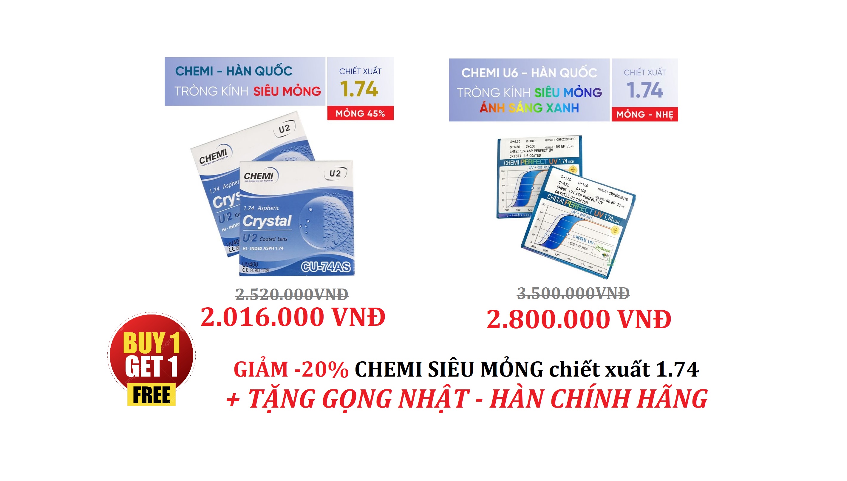 Tròng kính CHEMI giảm 20% + TẶNG GỌNG NHẬT HÀN CHÍNH HÃNG