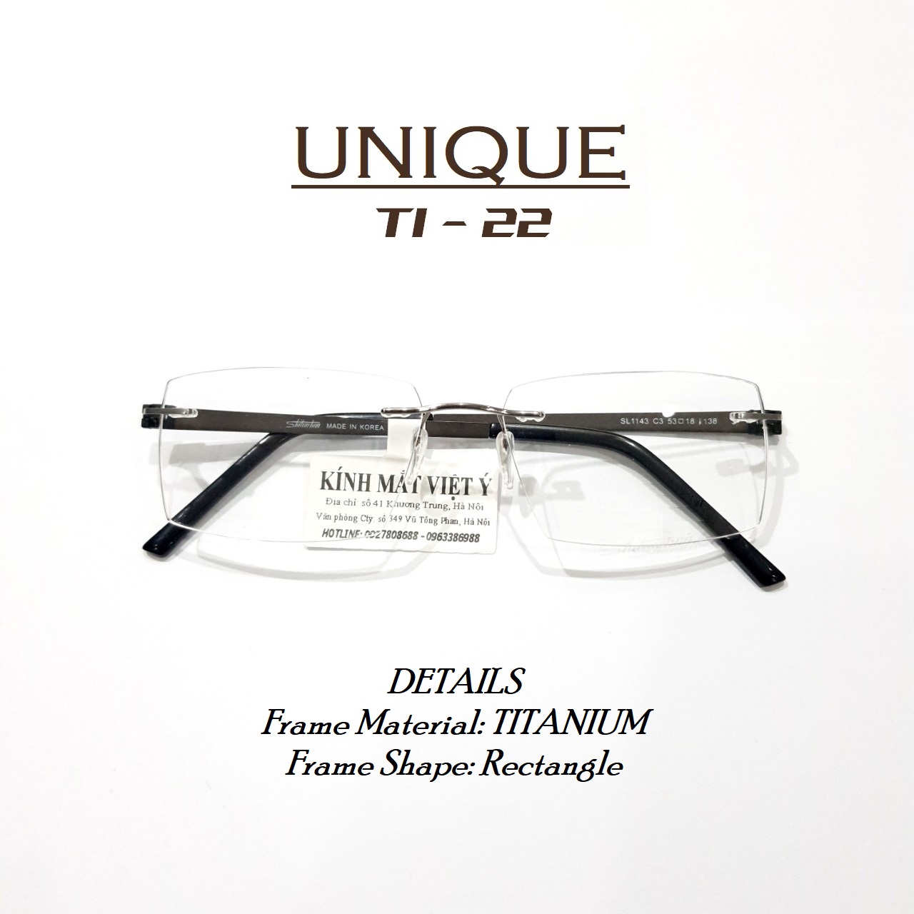 Gọng kính khoan không viền TITANIUM nguyên chất 100% model UNIQUE22