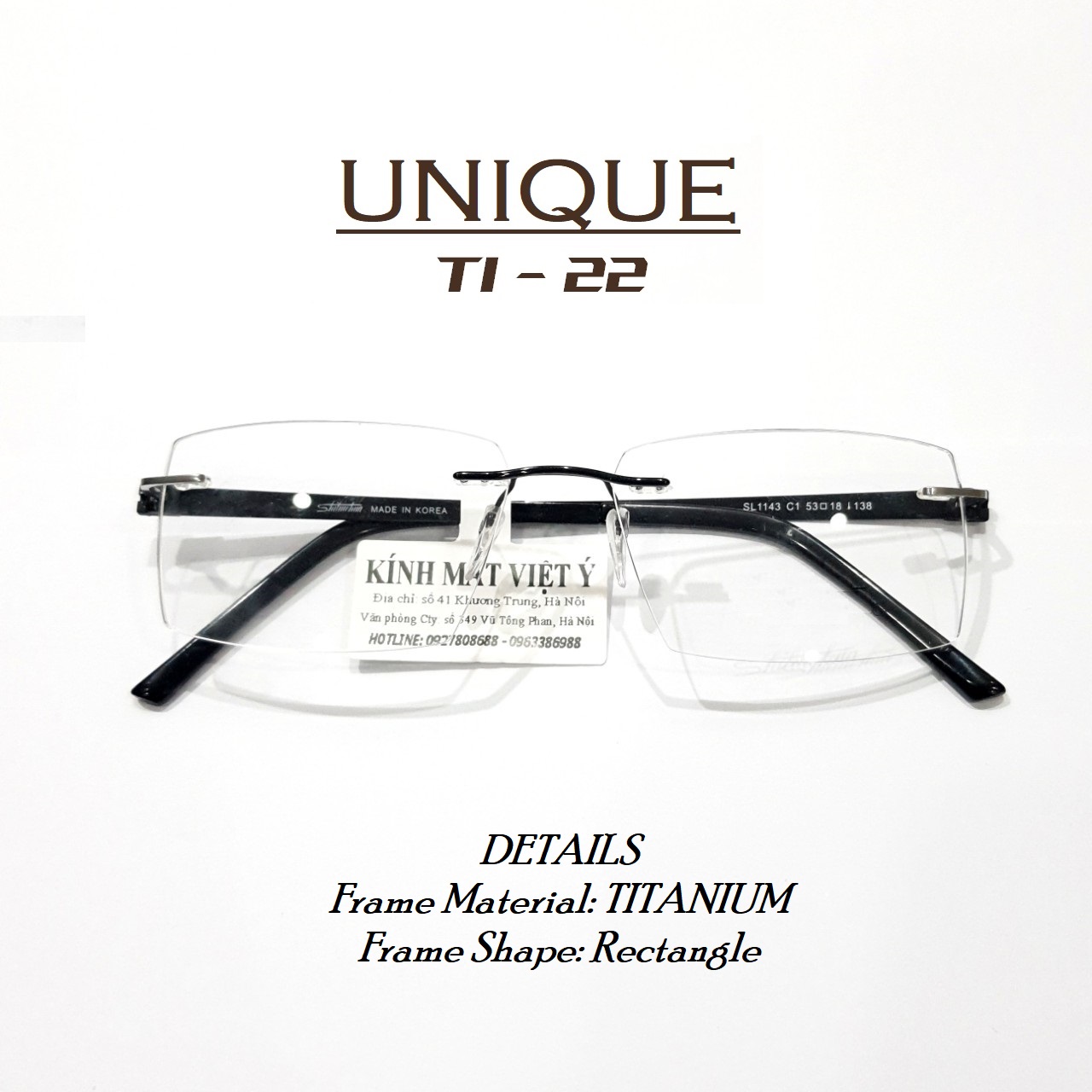 Gọng kính khoan không viền TITANIUM nguyên chất 100% model UNIQUE22