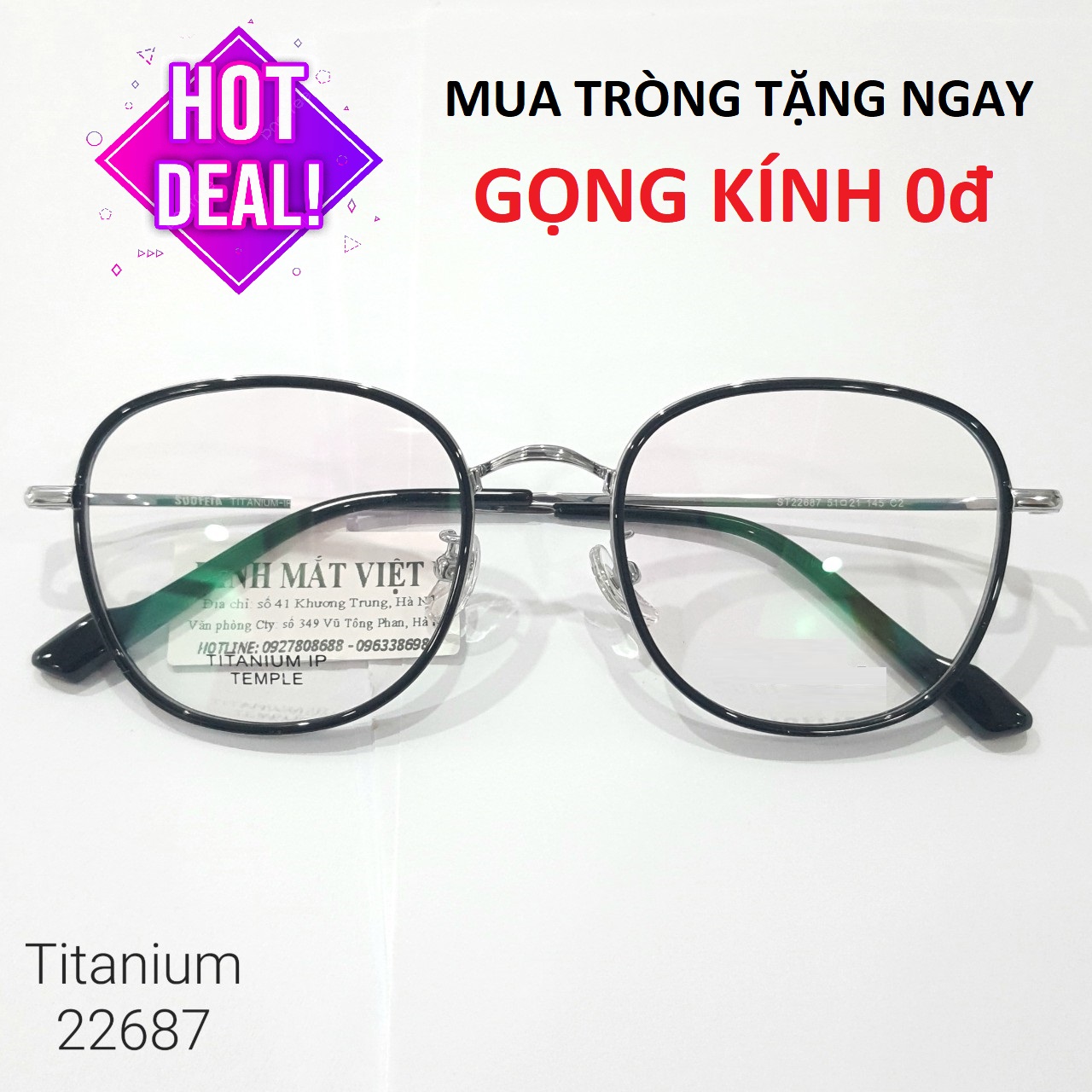 Gọng kính TITANIUM cao cấp 22687 Black and Silver